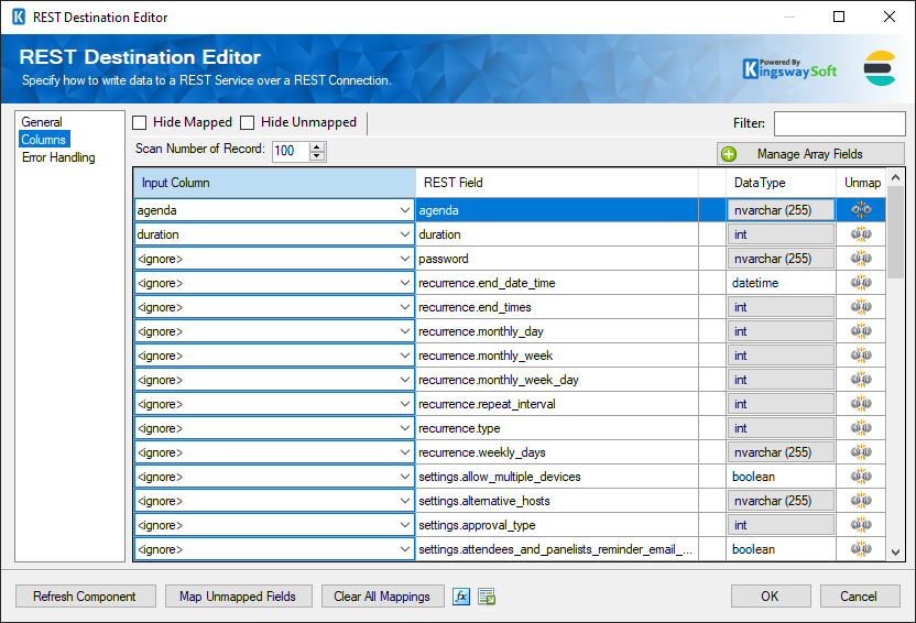 SSIS REST Elasticsearch Destination - Columns